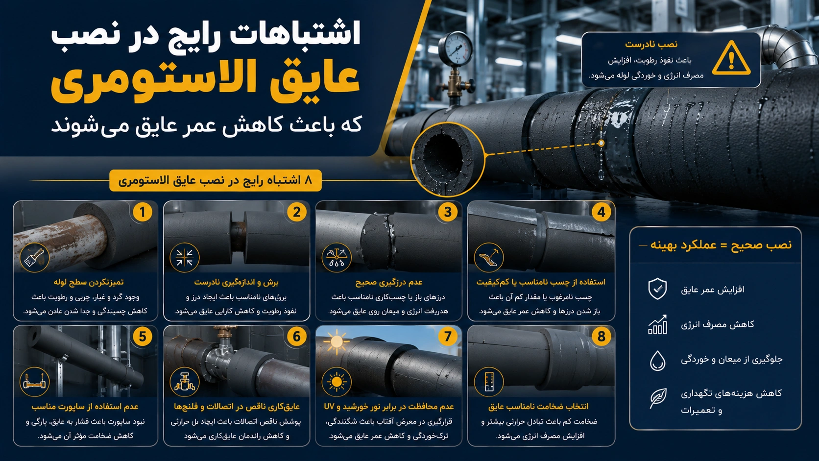 اشتباهات رایج در نصب عایق الاستومری که باعث کاهش عمر عایق می‌شوند